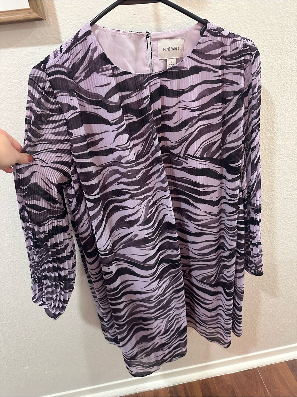 Nine West Lavender and Black Zebra-Print Pleated Tunic Blouse